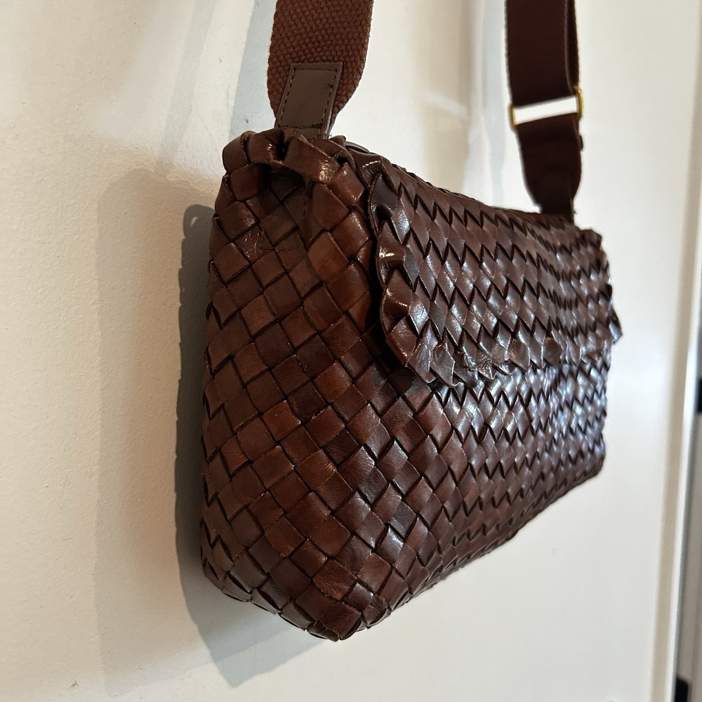 Loeffler Randall Woven Leather Shoulder Bag Brown Purse Wide Strap Adjustable - Picture 5 of 16